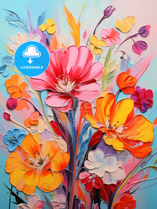 A Painting Of Flowers On A Blue Surface