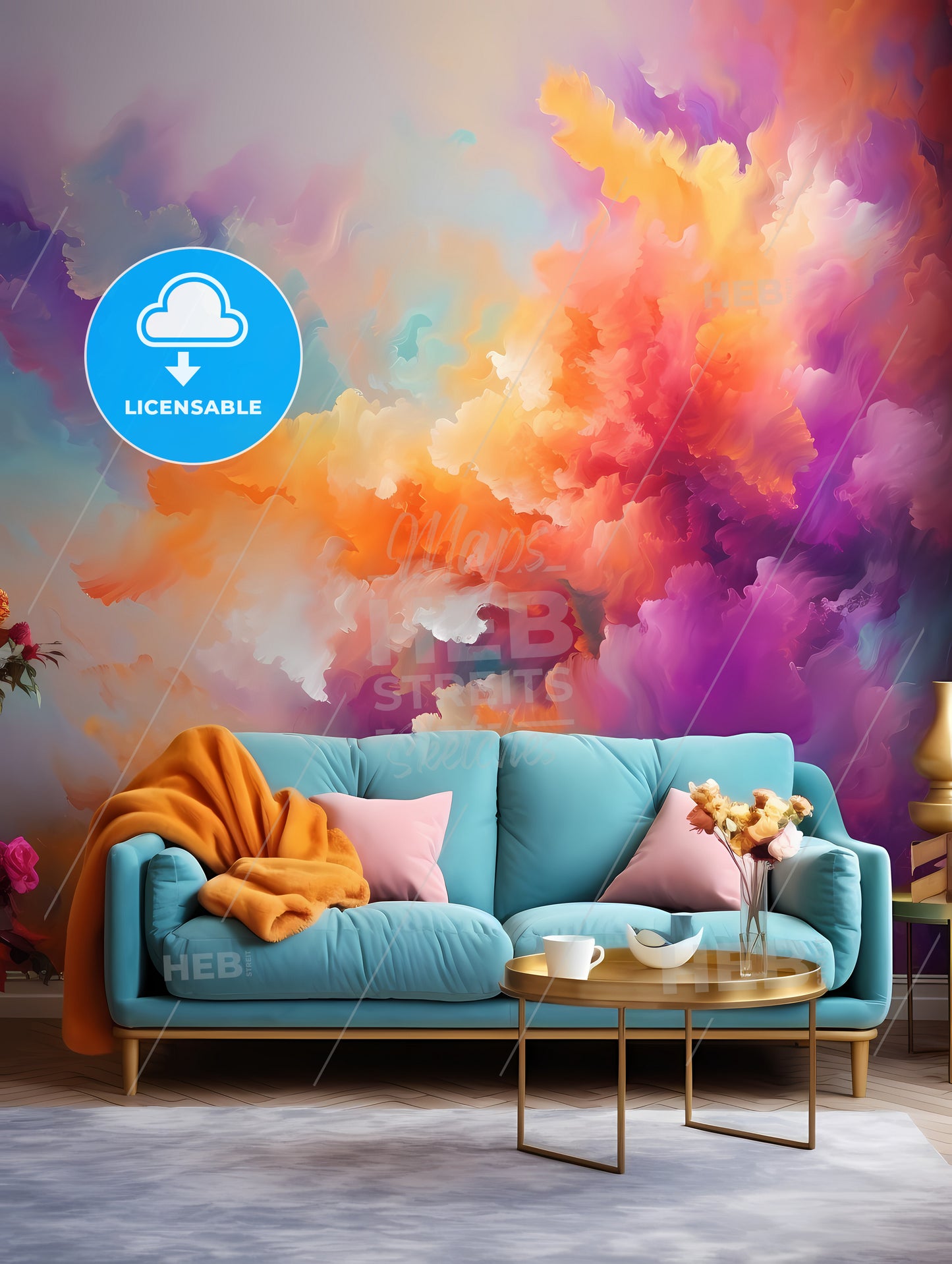A Colorful Wall With A Couch And Coffee Table