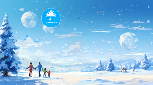 A Man And Children Walking In A Snowy Landscape