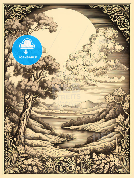 A Drawing Of A River And Trees