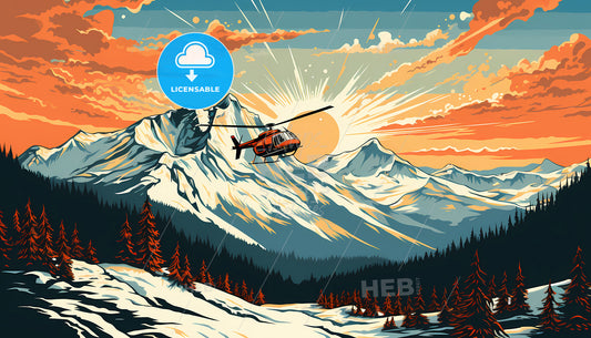 A Helicopter Flying Over A Snowy Mountain