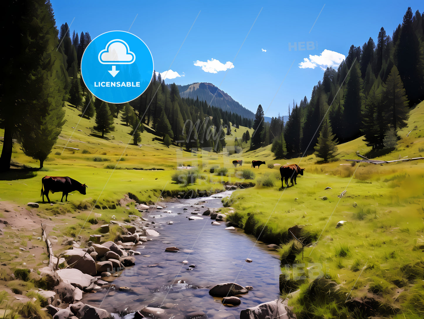 A Group Of Cows Grazing In A Valley With A River