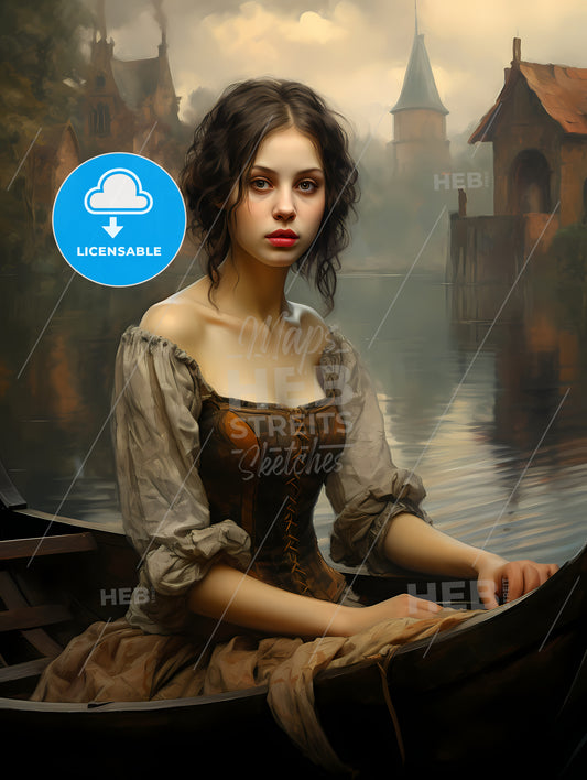 A Woman In A Dress Sitting In A Boat