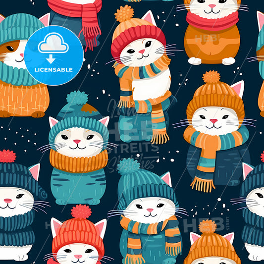 A Pattern Of Cats Wearing Hats And Scarves