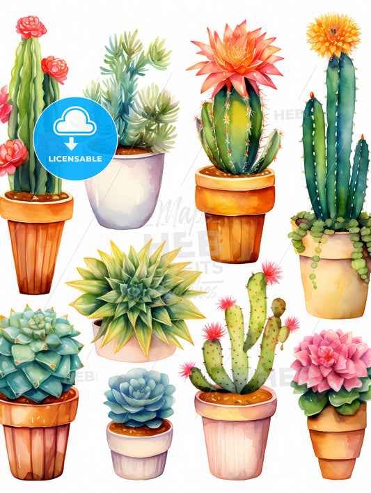 A Group Of Cactus In Pots