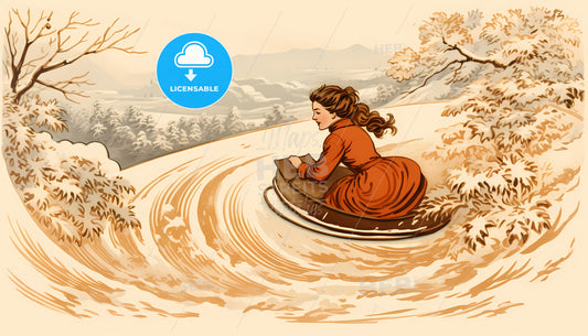 A Woman In A Sled On A Snowy Hill