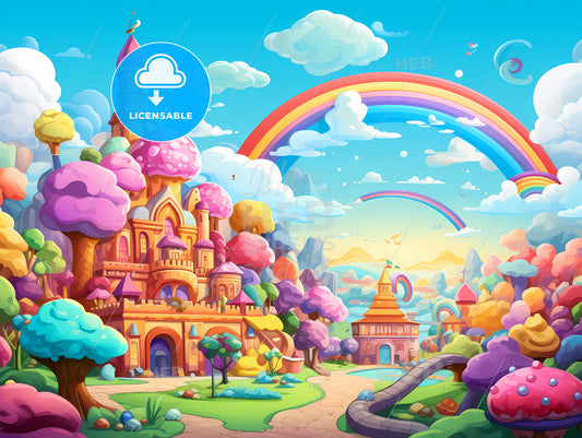 A Cartoon Castle With Trees And Rainbow