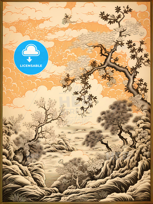 A Painting Of Trees And A River