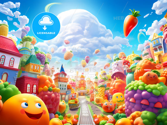 A Cartoon Of A City With Many Fruits And Vegetables