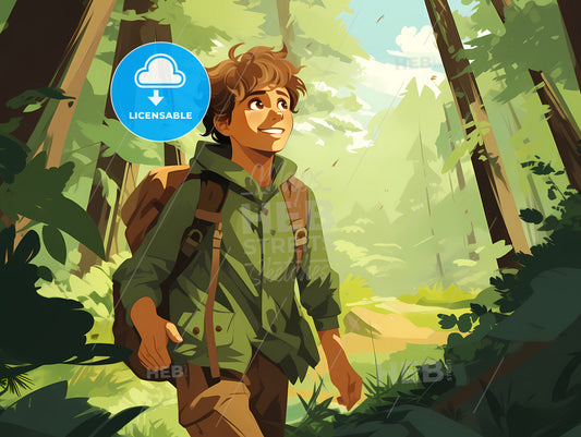 A Cartoon Of A Boy Walking Through A Forest