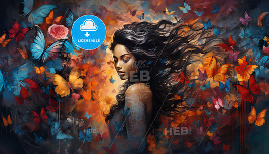 A Woman With Long Hair And Butterflies