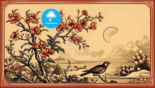 A Bird On A Tree Branch With Flowers