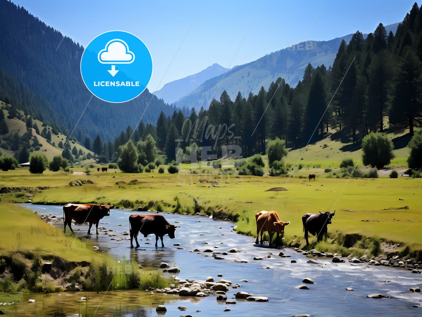 A Group Of Cows Crossing A River