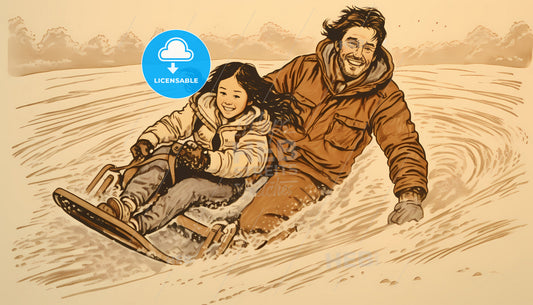 A Man And Girl Riding On A Sled