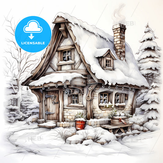 A Painting Of A House In The Snow