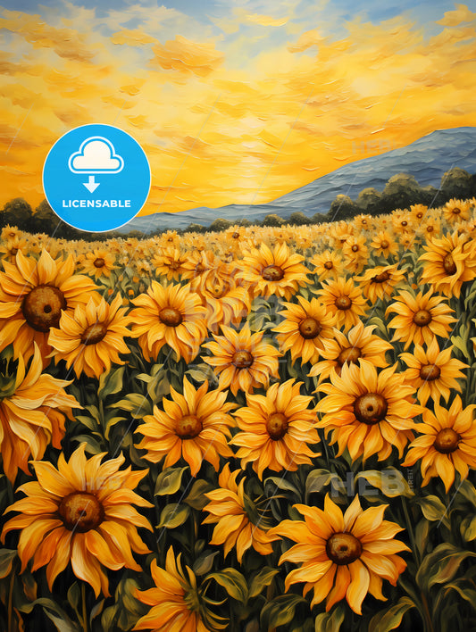 A Field Of Sunflowers With Mountains In The Background