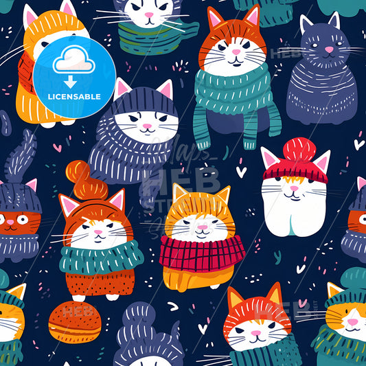 A Pattern Of Cats Wearing Scarves And Hats