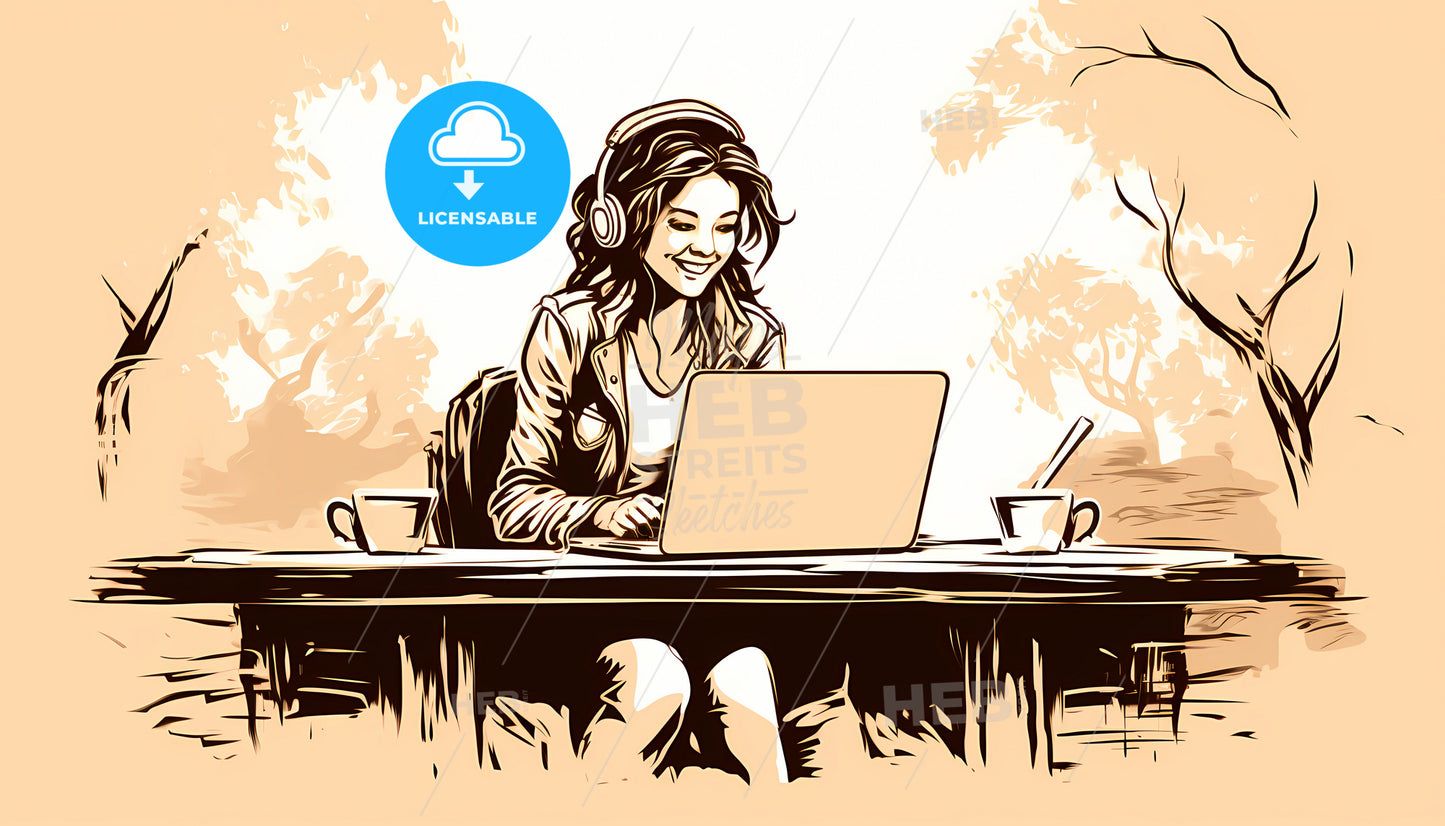 A Woman Sitting At A Table With A Laptop