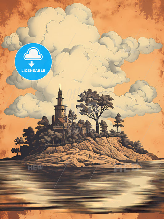 A Painting Of A Building On An Island With Trees And Clouds