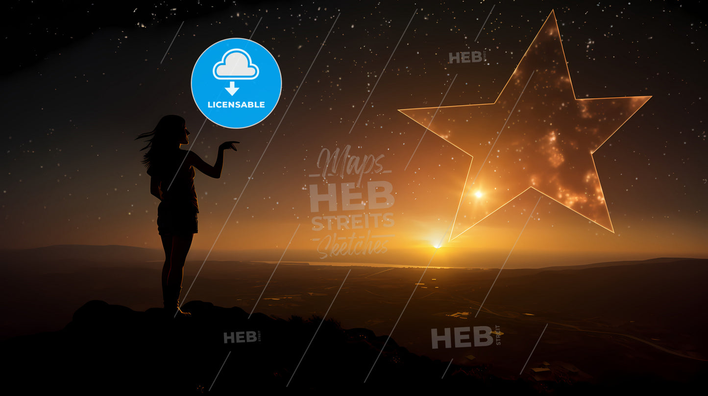 A Silhouette Of A Woman Standing On A Hill With A Star In The Sky