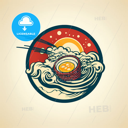 A Circular Logo With A Sun And Clouds And A Round Object