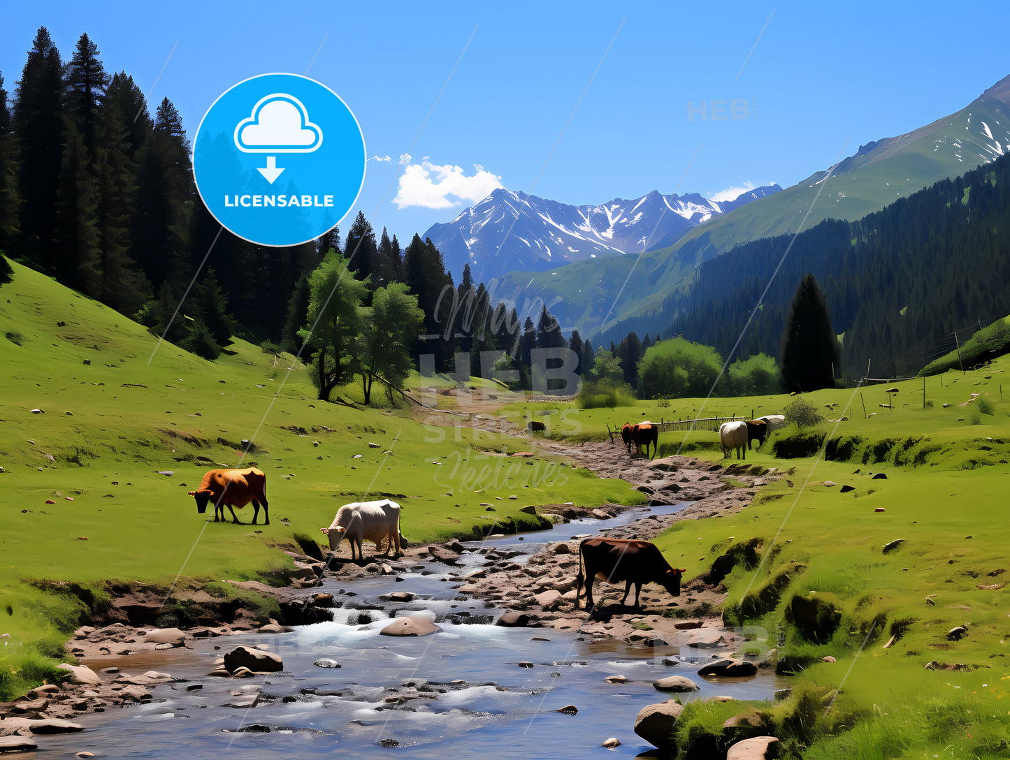A Group Of Cows In A Valley With A River