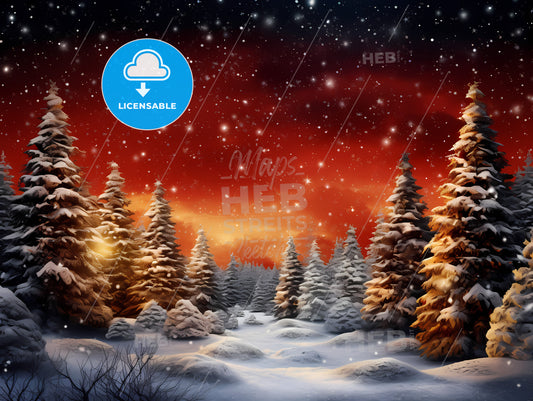 A Snowy Landscape With Trees And A Red Sky