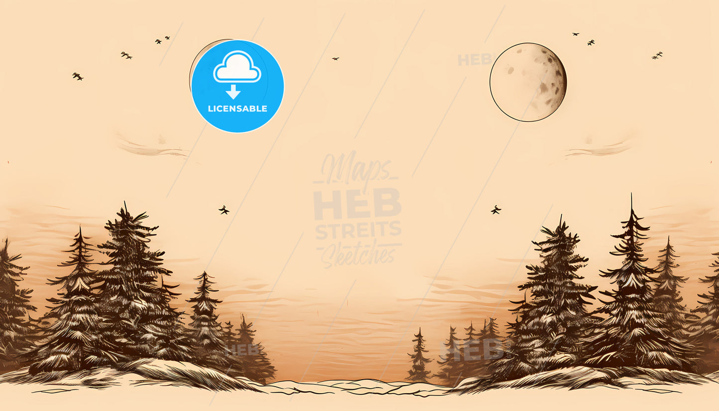 A Drawing Of Trees And Moon