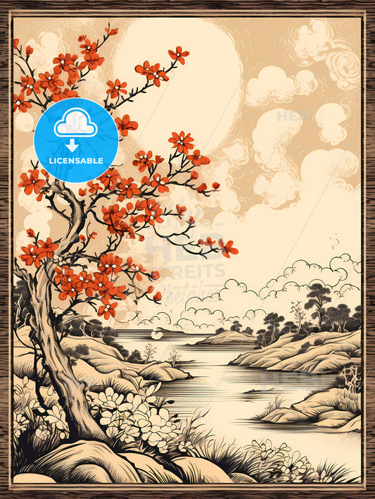 A Painting Of A Tree With Orange Flowers