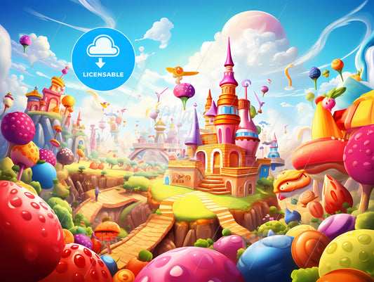 A Cartoon Castle With Colorful Objects