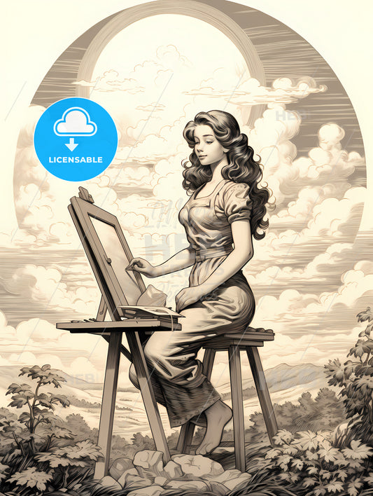 A Woman Sitting On A Easel Painting