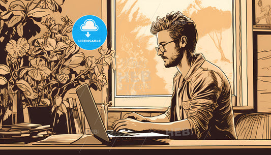 A Man Sitting At A Desk With A Laptop