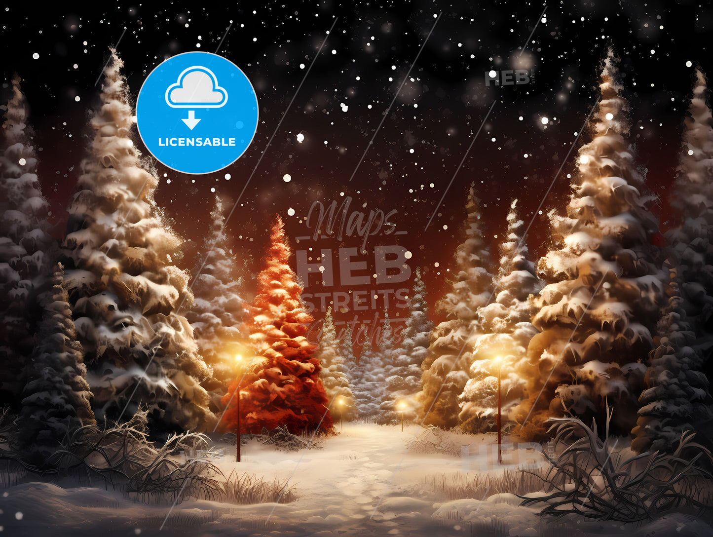 A Snowy Forest With Trees And Lights