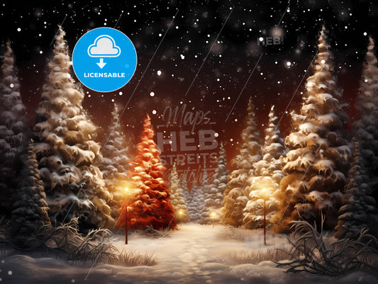 A Snowy Forest With Trees And Lights