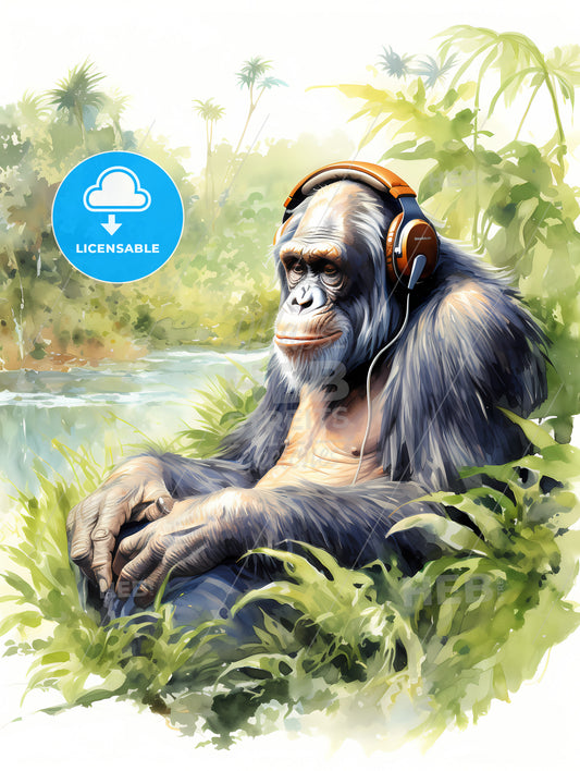 A Gorilla Wearing Headphones Sitting In Grass