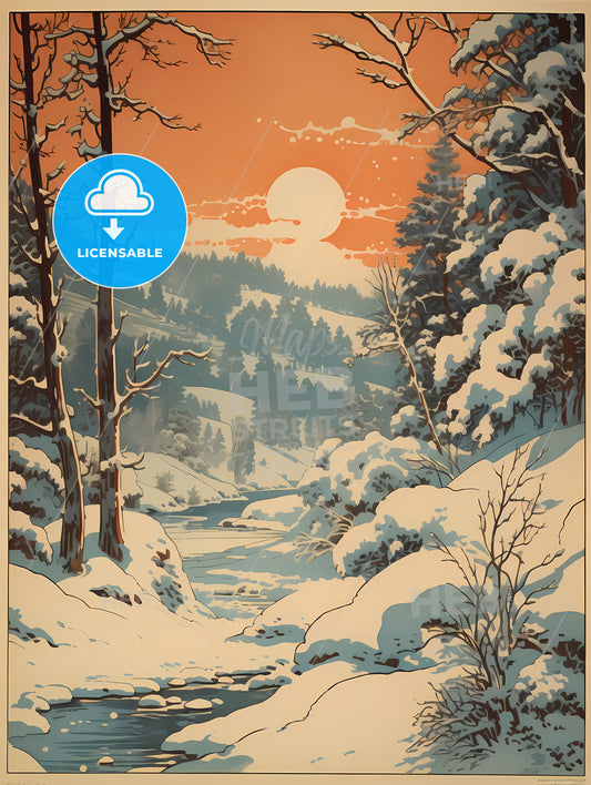 A Snow Covered Landscape With Trees And A River