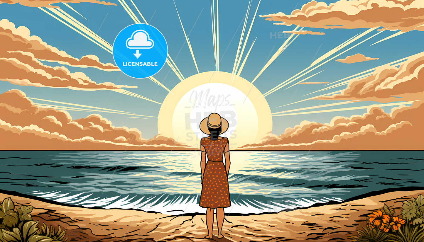 A Woman Standing On A Beach Looking At The Sun