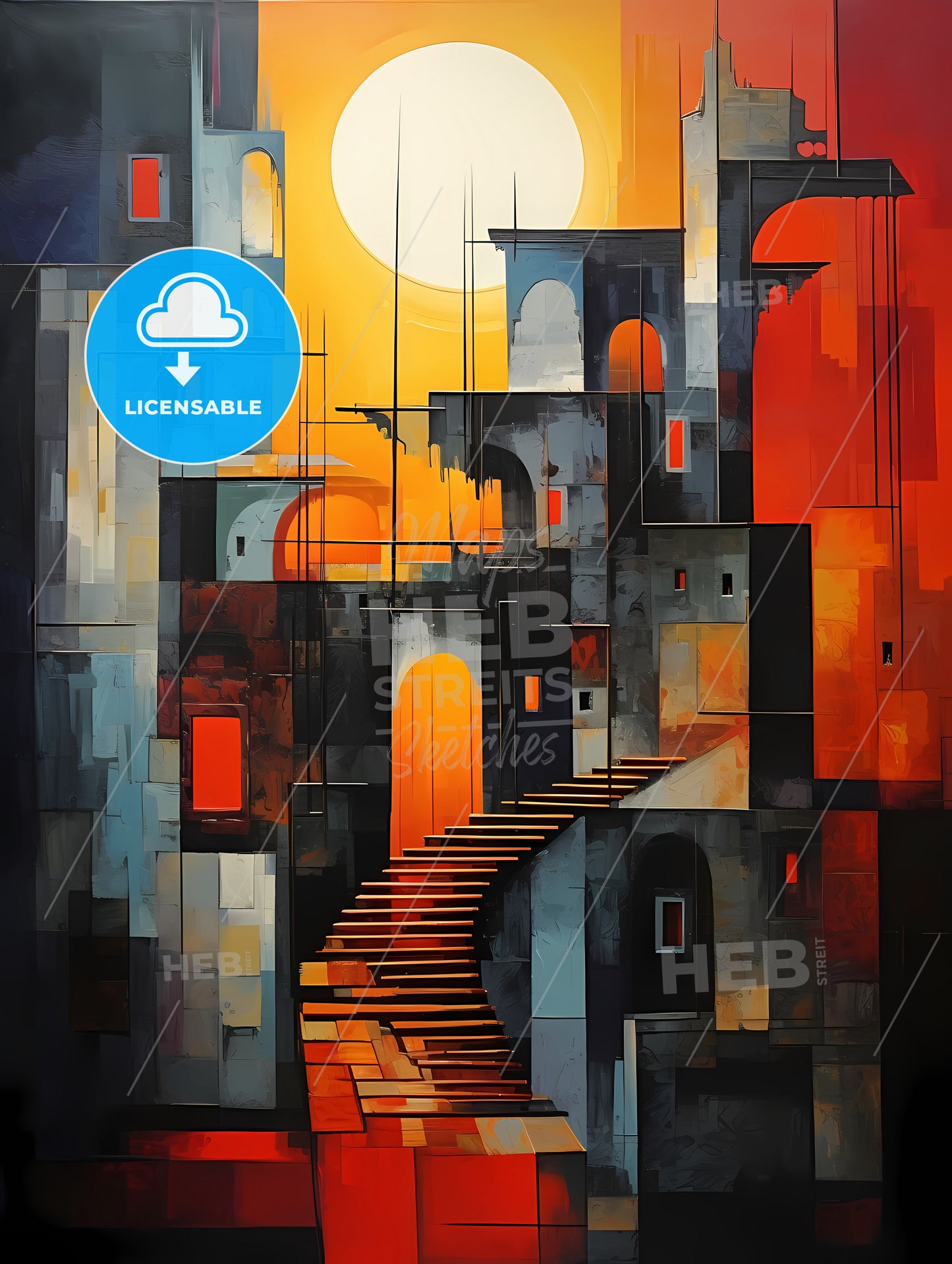 A Painting Of A City With Stairs And A Sun