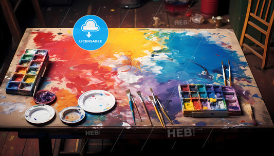 A Painting Table With Paint Brushes And Palette