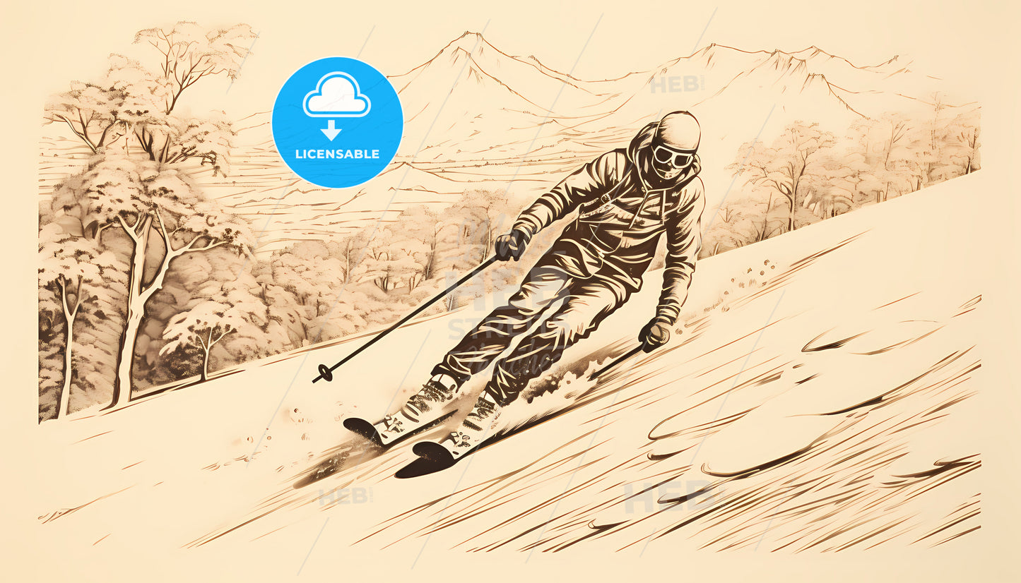 A Drawing Of A Man Skiing Down A Mountain