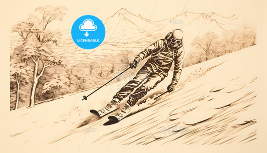 A Drawing Of A Man Skiing Down A Mountain