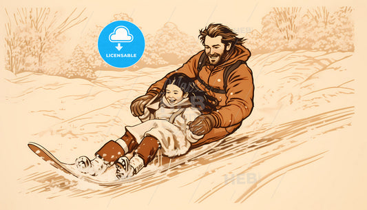 A Man And Girl Sledding Down A Snowy Hill