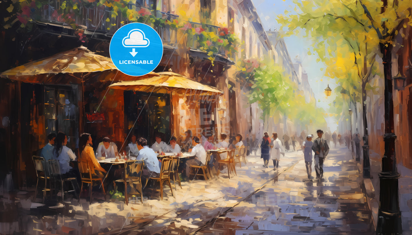 A Painting Of People Sitting At Tables Outside A Building