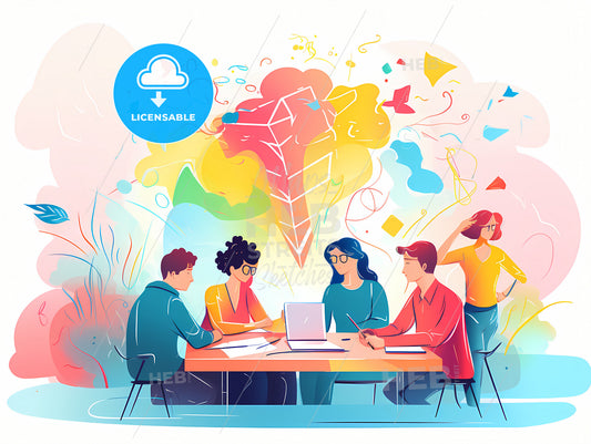 A Group Of People Sitting Around A Table With A Laptop