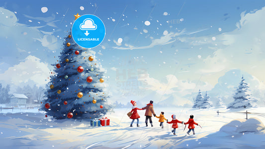 A Family Walking In The Snow With A Christmas Tree