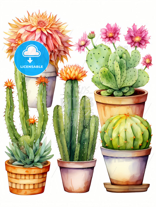 A Group Of Cactus In Pots