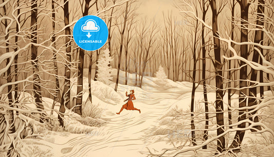A Woman Running In A Snowy Forest