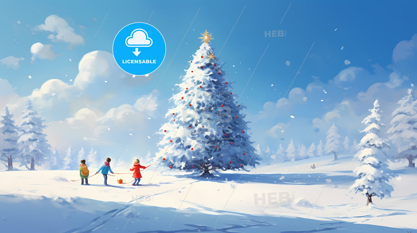 A Couple Of Kids Pulling A Sled In A Snowy Landscape