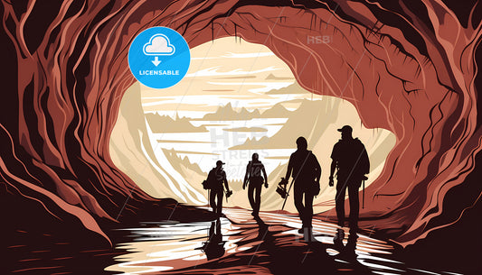 A Group Of People Walking In A Cave