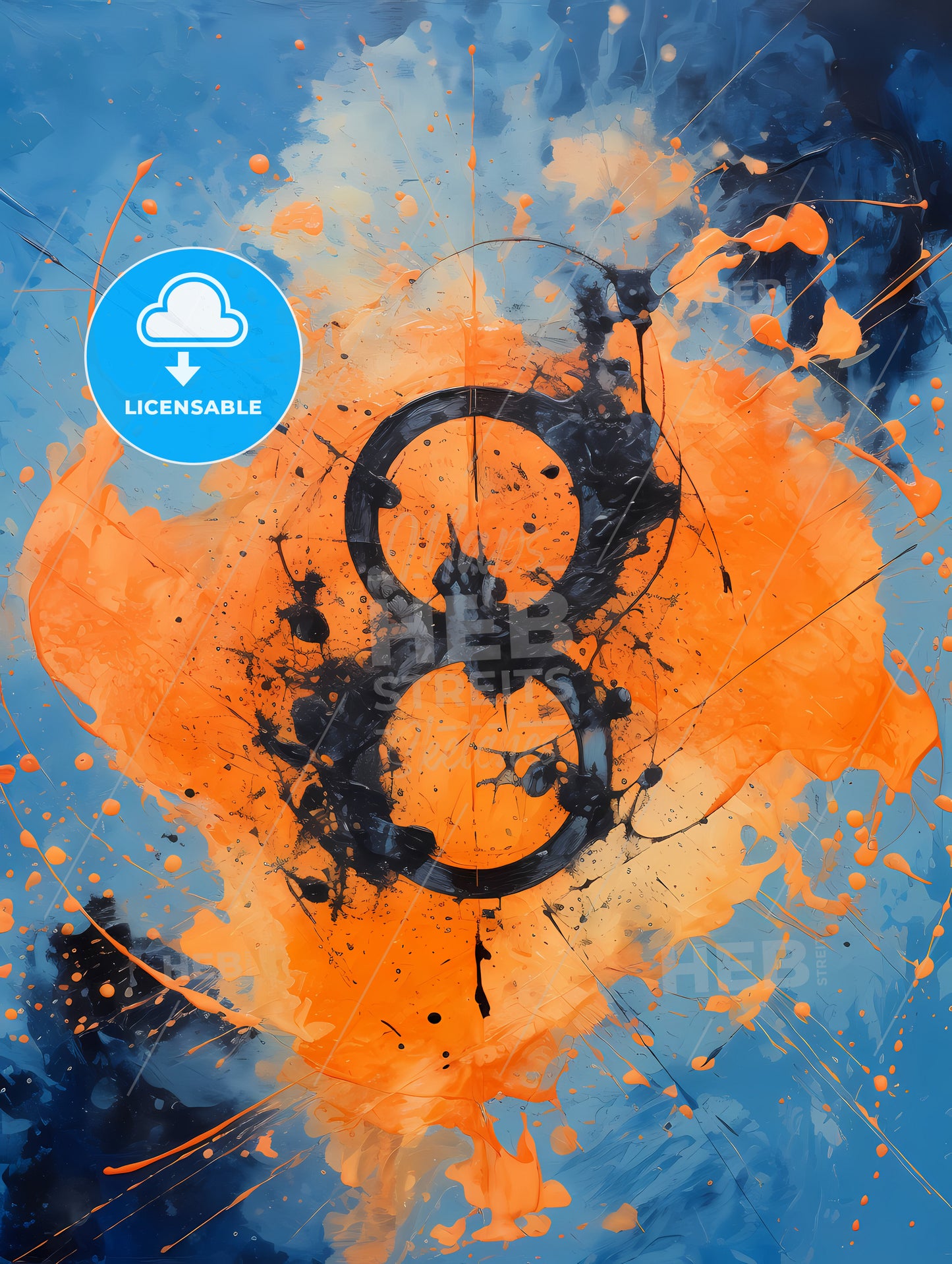 A Number Eight With Orange And Blue Paint Splatters